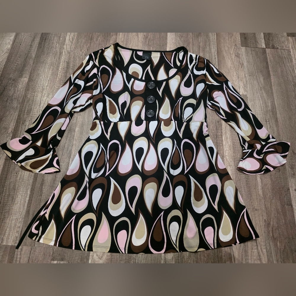 Vintage Y2K MINI DRESS ABSTRACT BELL SLEEVE TUNIC 60s 70s Geometric Brown Pink